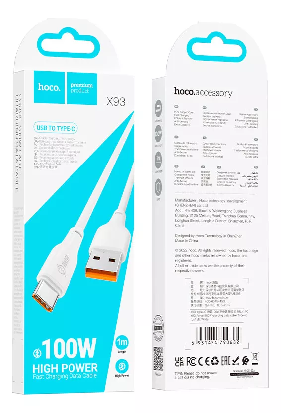 Cable Hoco X93 Force Usb A Tipo C 1m 100w Blanco - Imagen 3