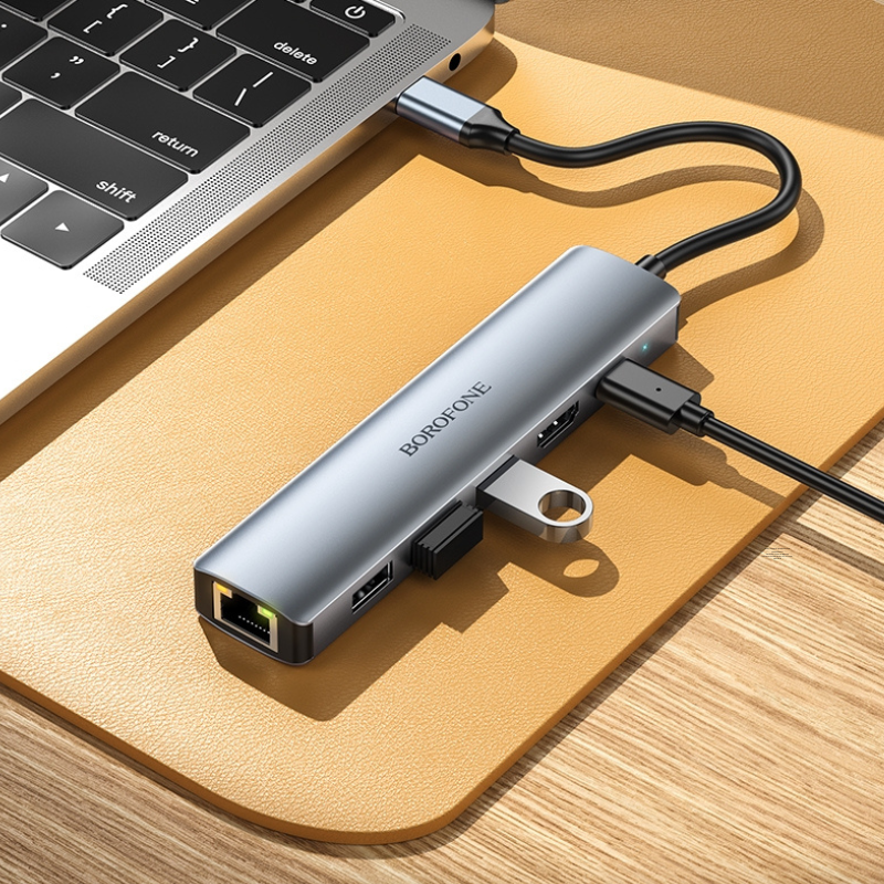 BOROFONE DH16 Adaptador multifunción 6 en 1 USB-C/Tipo-C a HDMI, PD, USB 3.0, USB 2.0 x 2, HUB RJ45, longitud: 15 cm - Imagen 2