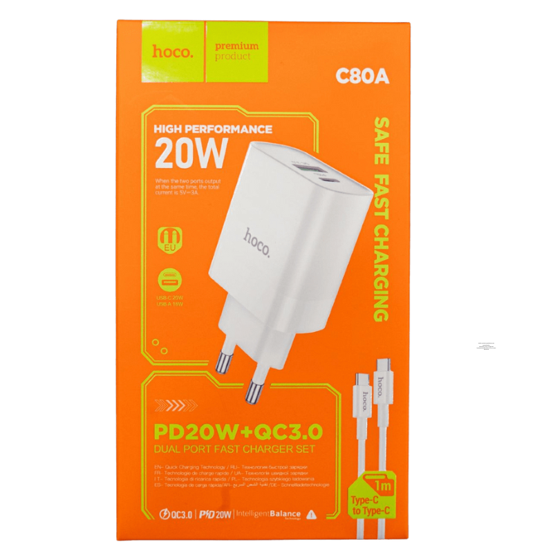 CARGADOR CON CABLE TIPO C A C DUAL PD 20W + USB QC3.0 - HOCO C80A 3A - Imagen 2
