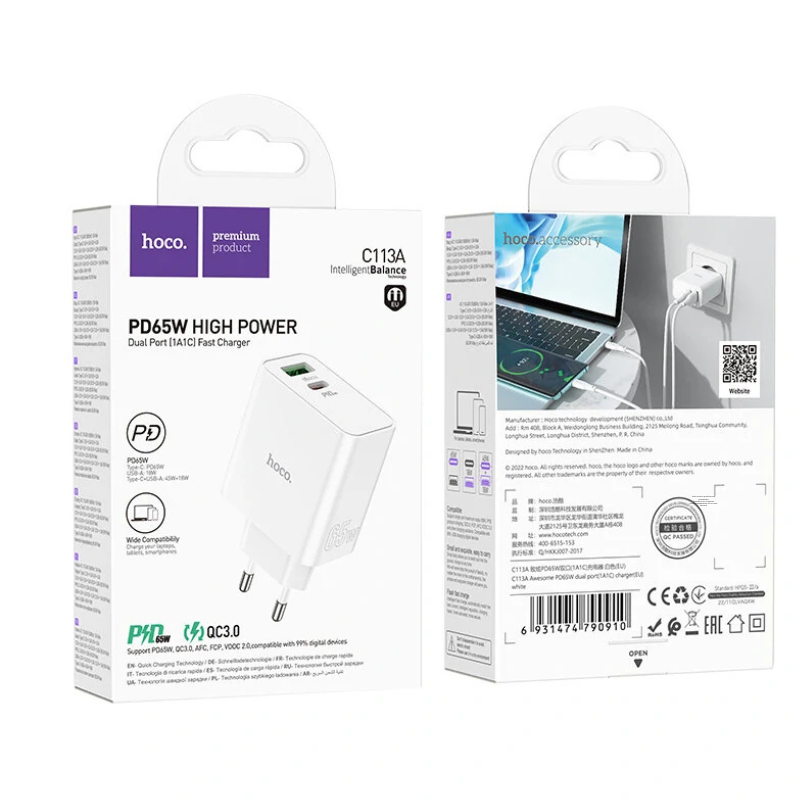 CARGADOR DUAL TIPO C PD 65W + USB QC3.0 SIN CABLE - HOCO C113A - Imagen 3