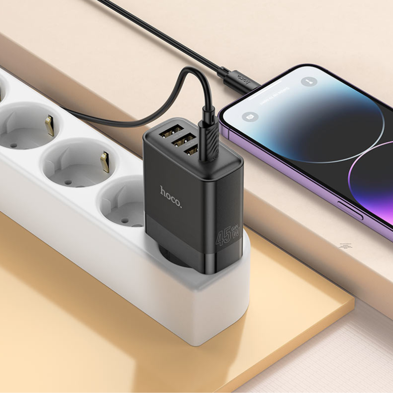 CARGADOR ADAPTADOR 4 PUERTOS 1 TIPO C 45W + 3 USB QC3.0 - HOCO C127A - Imagen 2