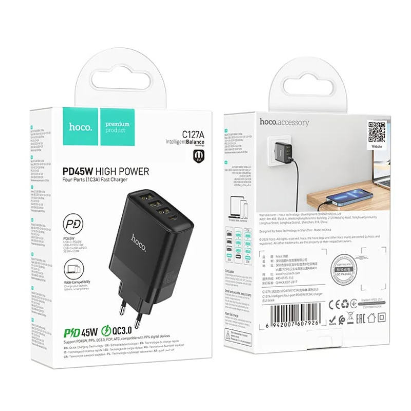 CARGADOR ADAPTADOR 4 PUERTOS 1 TIPO C 45W + 3 USB QC3.0 - HOCO C127A - Imagen 3