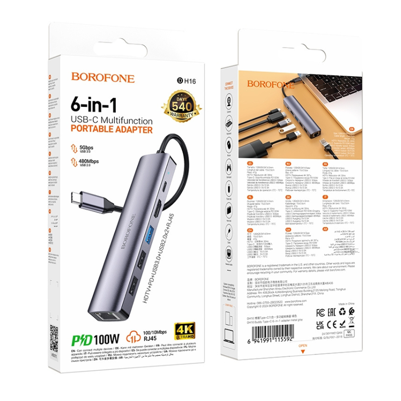 BOROFONE DH16 Adaptador multifunción 6 en 1 USB-C/Tipo-C a HDMI, PD, USB 3.0, USB 2.0 x 2, HUB RJ45, longitud: 15 cm - Imagen 3
